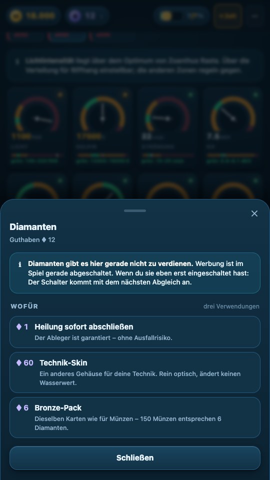 Tippe oben auf den Diamantstand: Die Übersicht erklärt Verwendungen und ob gerade Werbebelohnungen verfügbar sind.